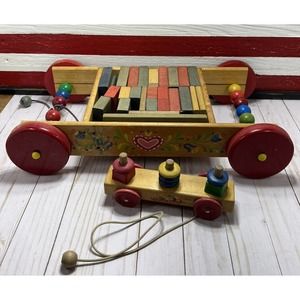 2 Antique Wooden Pull Toys Schowanek Tri-Ang Blocks Twists Abacus Kid Vintage